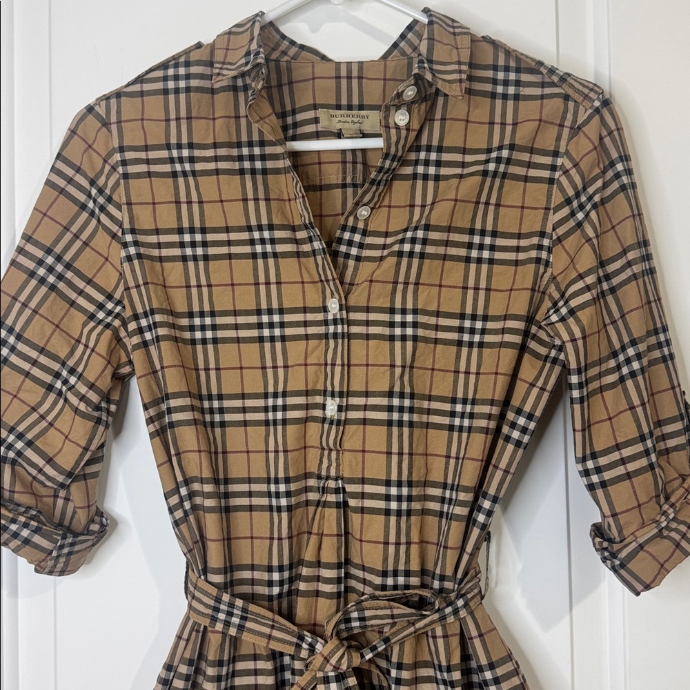 Burberry Shirt Dress NovaCheck Tan Black Plaid with Waist Tie Women’s US 6 EU 8 - Picture 3 of 12